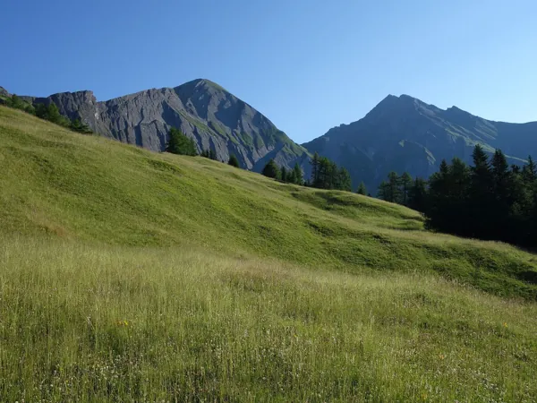 vom Falkenstein Aufstieg Richtung Bunzkögele links die Bretterwandspitze rechts die Kendlspitze