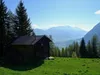 über Waldweg Richtung Sternalm bei Hütte Blick Richtung Lienzer Talboden