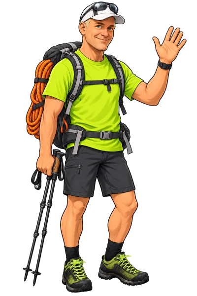 Tourenfex-Guide-Maskottchen mit Wanderstöcken